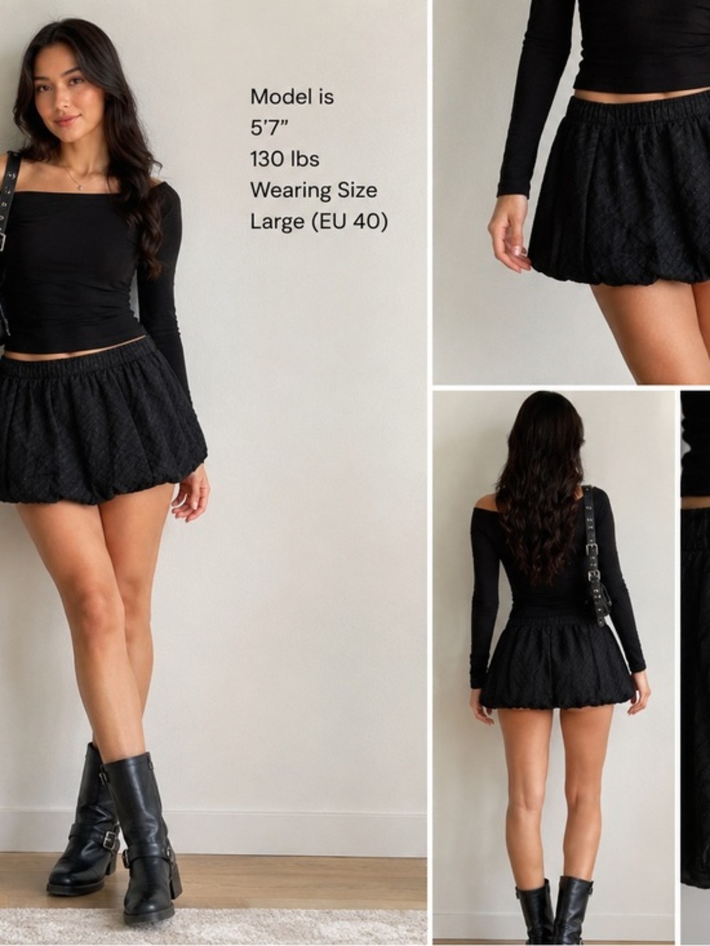 Bershka Black Bubble Hem Mini Skirt Textured Stripe Size L Balloon Y2K Goth Chic